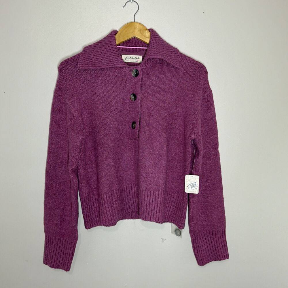 Free People Trading Up Cotton Blend Polo Sweater Womens XS Magenta Haze Relaxed